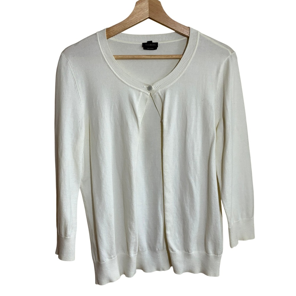 Talbots Pima Cotton Cardigan Sweater M Ivory Womens Open Front Knit